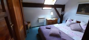 Schlafzimmer mit einem Bett mit lila Bettwäsche und Kissen in der Unterkunft Ubytovani Eden in Dlouhá Ves