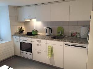 a kitchen with white cabinets and a sink at House of Harmony in Stäfa