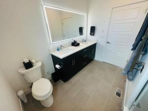 a bathroom with a toilet and a sink and a mirror at Downtown Denver Smart House in Denver +35 photos
