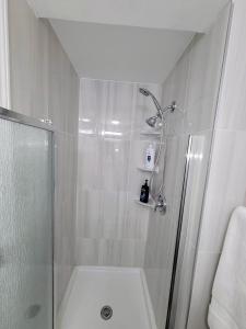 baño con ducha y puerta de cristal en Apartment with Brand new furniture and large parking, en West Seneca