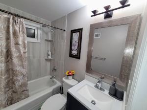 y baño con lavabo, aseo y ducha. en Apartment with Brand new furniture and large parking, en West Seneca
