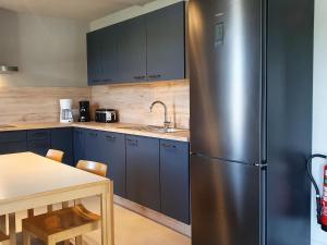 La cuisine est équipée de placards bleus et d'un réfrigérateur en acier inoxydable. dans l'établissement Luxury Family Holiday Home with Wellness, à Binsfeld