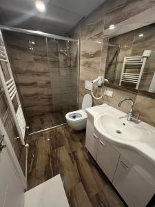 een badkamer met een toilet, een wastafel en een spiegel bij Seyir Apartmanı in Bolu