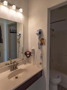 La salle de bains est pourvue d'un lavabo, d'un miroir et de toilettes. dans l'établissement Bryce Trails Bed and Breakfast, à Tropic