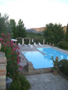 duży niebieski basen z krzesłami i kwiatami w obiekcie Agriturismo La Campana w mieście Montefiore dellʼAso