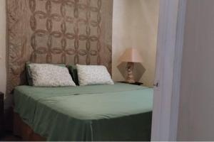 1 dormitorio con 1 cama con cabecero y lámpara en Casa Rustico 117, en Puerto Peñasco