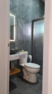 bagno con servizi igienici, lavandino e specchio di Casa blanca Oaxtepec Tlayacapan a Oaxtepec