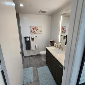 a bathroom with a sink and a toilet and a mirror at Ocean View Downtown Apt on 23rd Floor with Balcony, Rooftop Pool, Kitchen, Gym, & Restaurants in Miami