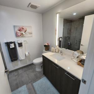 a bathroom with a sink and a toilet and a mirror at Ocean View Downtown Apt on 23rd Floor with Balcony, Rooftop Pool, Kitchen, Gym, & Restaurants in Miami