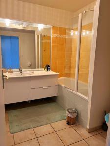 a bathroom with a sink and a shower and a tub at Appartement Disneyland Paris Val d'Europe La vallée Village parking 500m gare Val d'Europe in Montévrain