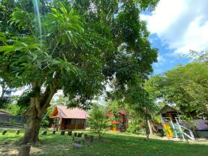 a tree in front of a house with a playground at Chaikoni Lodge in Pucallpa