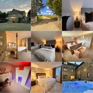 eine Collage mit verschiedenen Bildern eines Hotelzimmers in der Unterkunft Cotswolds Retreat - Bath & Castle Combe - Hot Tub in Chippenham