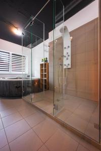 bagno con doccia e cabina in vetro di Wellness Apartman Vrakuna a Bratislava