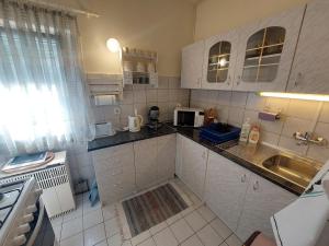 uma pequena cozinha com um lavatório e um micro-ondas em Alina vendégház em Mezőkövesd