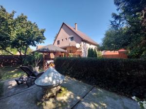 un baño de aves frente a una casa en Alina vendégház, en Mezőkövesd