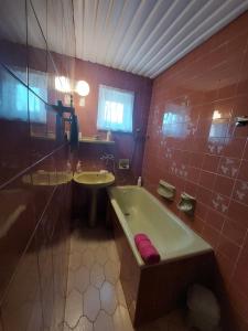 a bathroom with a bath tub and a sink at Alina vendégház in Mezőkövesd