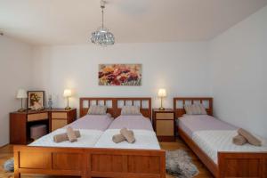 two twin beds in a bedroom with a chandelier at Holiday house with a parking space Daruvar, Bjelovarska - 17937 in Daruvar