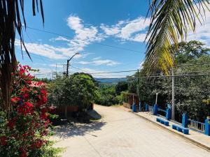 un chemin de terre avec une clôture bleue et des fleurs dans l'établissement Departamento acogedor listo para disfrutar, à Moyobamba