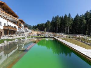 a pool of green water in front of a building at Top class chalet with 3 bathrooms near small slope in Neukirchen am Großvenediger