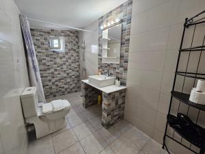 ein Badezimmer mit einem WC, einem Waschbecken und einem Spiegel in der Unterkunft Garden Square Inn in Markopoulo
