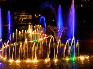 una fontana con luci nell'acqua di notte di Mars Garden Wood Gotenba a Gotemba