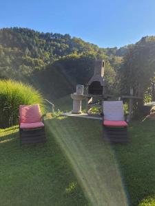 zwei Stühle im Gras im Garten in der Unterkunft Turistična kmetija Kunstek in Rogatec