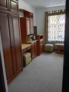 a small kitchen with wooden cabinets and a window at Prestige in Lviv