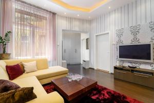 sala de estar con sofá y TV en Chrysoprase Apartment, en Budapest