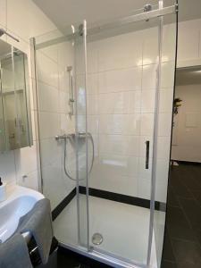 y baño con ducha y puerta de cristal. en Paky Appartements 00322 en Bruck an der Leitha