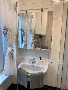 ein Bad mit einem Waschbecken und einem Spiegel in der Unterkunft Paky Appartements 00322 in Bruck an der Leitha