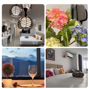 un collage de photos d'une chambre d'hôtel avec des fleurs dans l'établissement Mountain & City View Panorama at Nimman, à Chiang Mai