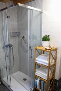 una ducha con una puerta de cristal y una planta en un estante en Casa AsCampinas, en Ourense