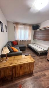 ein Wohnzimmer mit einem Sofa und einem Bett in der Unterkunft Bianca's apartments in Breuil-Cervinia