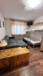 ein Wohnzimmer mit einem Sofa und einem Etagenbett in der Unterkunft Bianca's apartments in Breuil-Cervinia