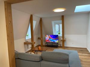 a living room with a couch and a flat screen tv at SCHNYDER'S HOME - Rosenappartement in Rapperswil-Jona