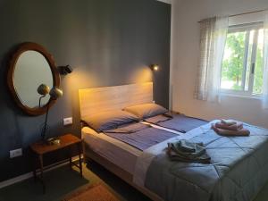 a bedroom with a large bed and a mirror at Seaside Cottage with Garden in Golem