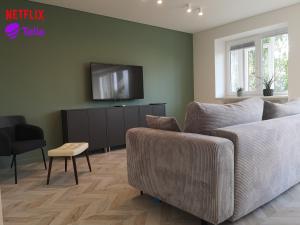 ein Wohnzimmer mit einem Sofa und einem TV in der Unterkunft Hill Top apartment in central Kedainiai in Kėdainiai