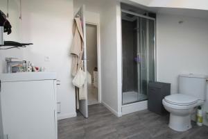 a bathroom with a toilet and a glass shower at Grande Chambre meublé chez l'habitant in Coignières