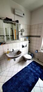 La salle de bains est pourvue d'un lavabo, de toilettes et d'un tapis bleu. dans l'établissement Privat Zimmer in Bad Homburg bei Kurhaus, à Bad Homburg vor der Höhe