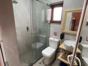 uma casa de banho com um chuveiro, um WC e um lavatório. em Bujtina Liana Voskopoje em Voskopojë