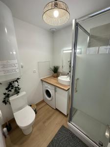 een badkamer met een toilet, een wastafel en een wasmachine bij LE VEGETAL / Nay centre in Nay
