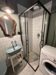 a bathroom with a sink and a washing machine at Blisko miło ładnie Apartament w centrum Zakopanego in Zakopane