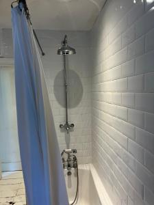 a shower with a blue shower curtain in a bathroom at Stunning Period & Family Apartment by the Sea in St. Leonards