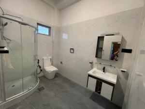 a bathroom with a sink and a shower and a toilet at River Valley Holiday Retreat in Hindagala