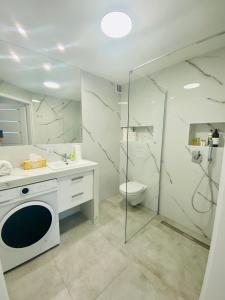 a bathroom with a sink and a toilet and a shower at Apartament Świdnik in Świdnik