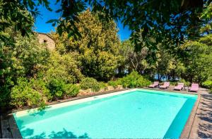 - une piscine avec 2 chaises longues et des arbres dans l'établissement Experience Relais " Il Termine Elba ", à Rio Marina