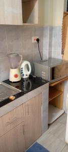 a kitchen counter with a blender and a food processor at TRANGQUIL APARTMENTS in Kitengela 