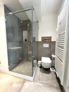 ein Bad mit einer Glasdusche und einem WC in der Unterkunft City Centre Apartment in Nürnberg