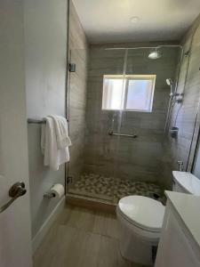 La salle de bains est pourvue d'une douche, de toilettes et d'un lavabo. dans l'établissement Best location Miami Brickell 3 bedroom Home, à Miami