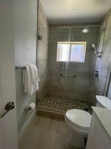 une salle de bains avec douche, toilettes et lavabo dans l'établissement Best location Miami Brickell 3 bedroom Home, à Miami
